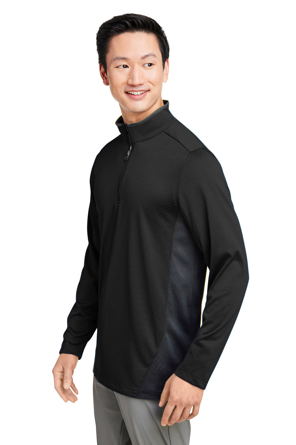 Harriton M786 Mens Flash Performance Moisture Wicking Colorblock 1/4 Zip Sweatshirt Black/Dark Charcoal Grey Model 3q