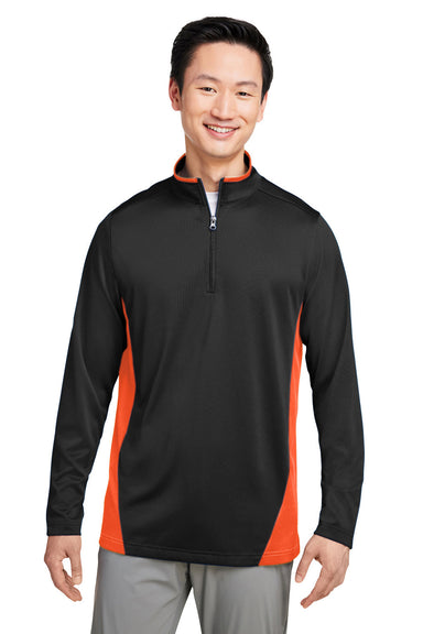 Harriton M786 Mens Flash Performance Moisture Wicking Colorblock 1/4 Zip Sweatshirt Black/Team Orange Model Front