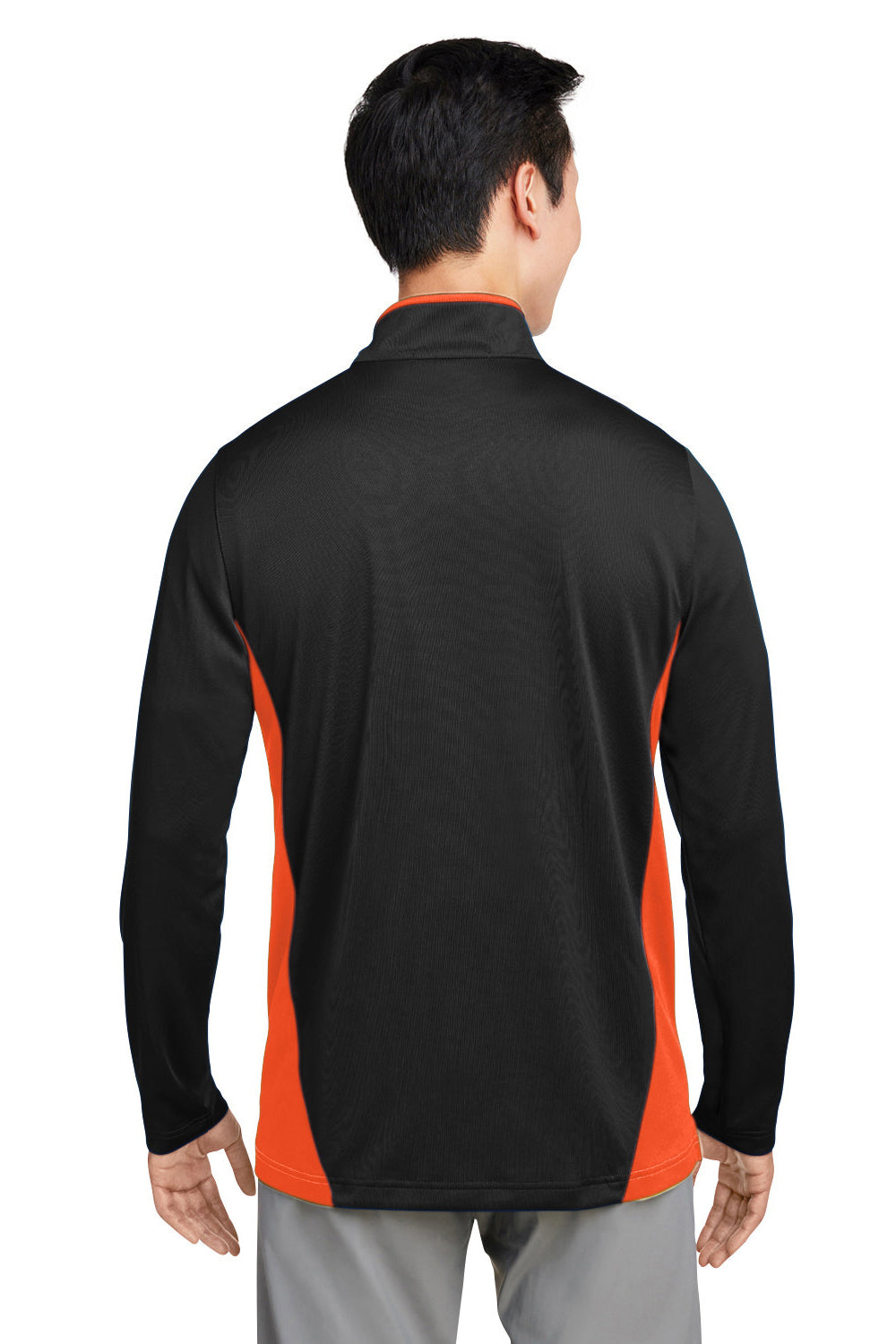 Harriton M786 Mens Flash Performance Moisture Wicking Colorblock 1/4 Zip Sweatshirt Black/Team Orange Model Back