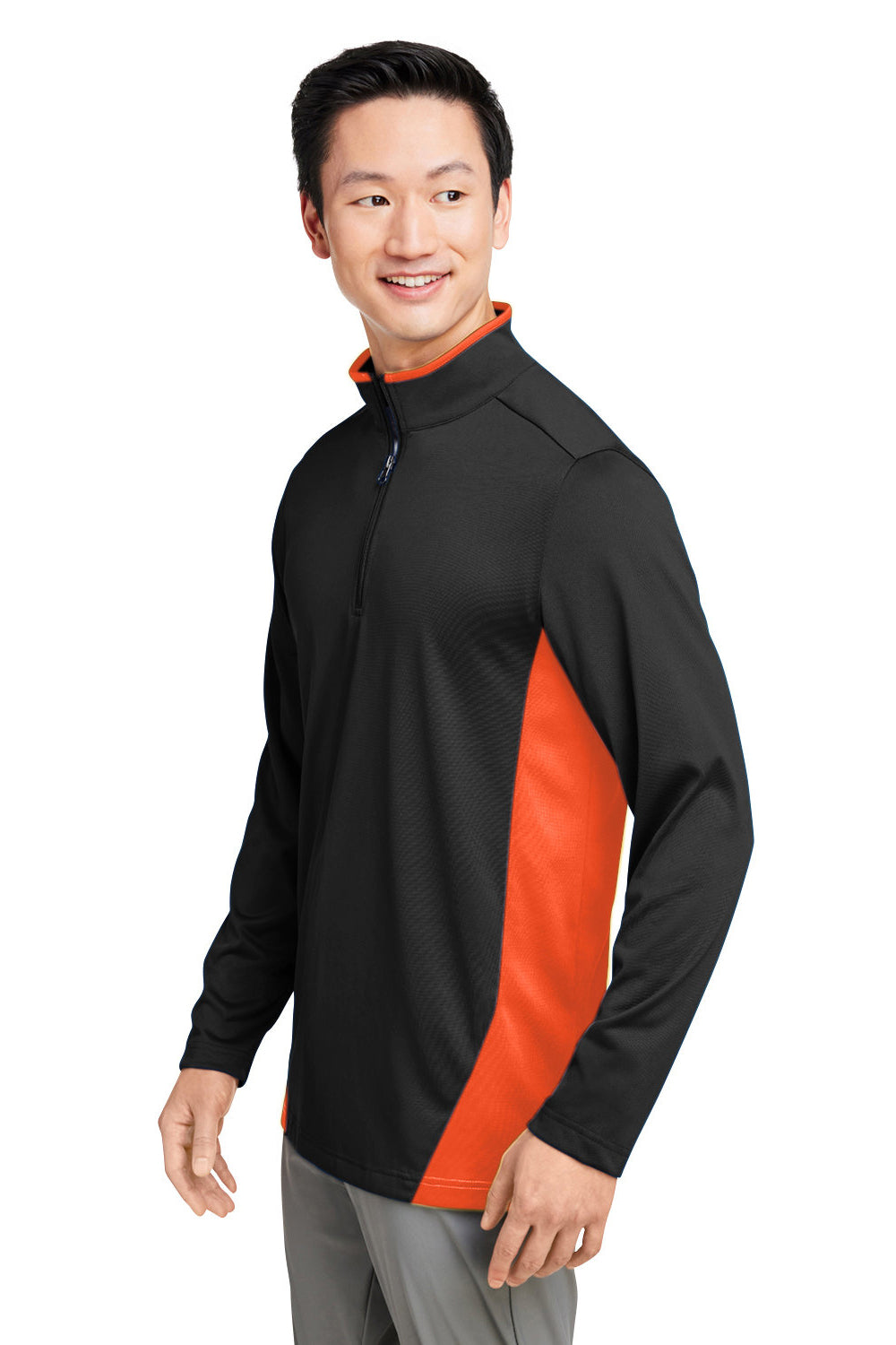 Harriton M786 Mens Flash Performance Moisture Wicking Colorblock 1/4 Zip Sweatshirt Black/Team Orange Model 3q