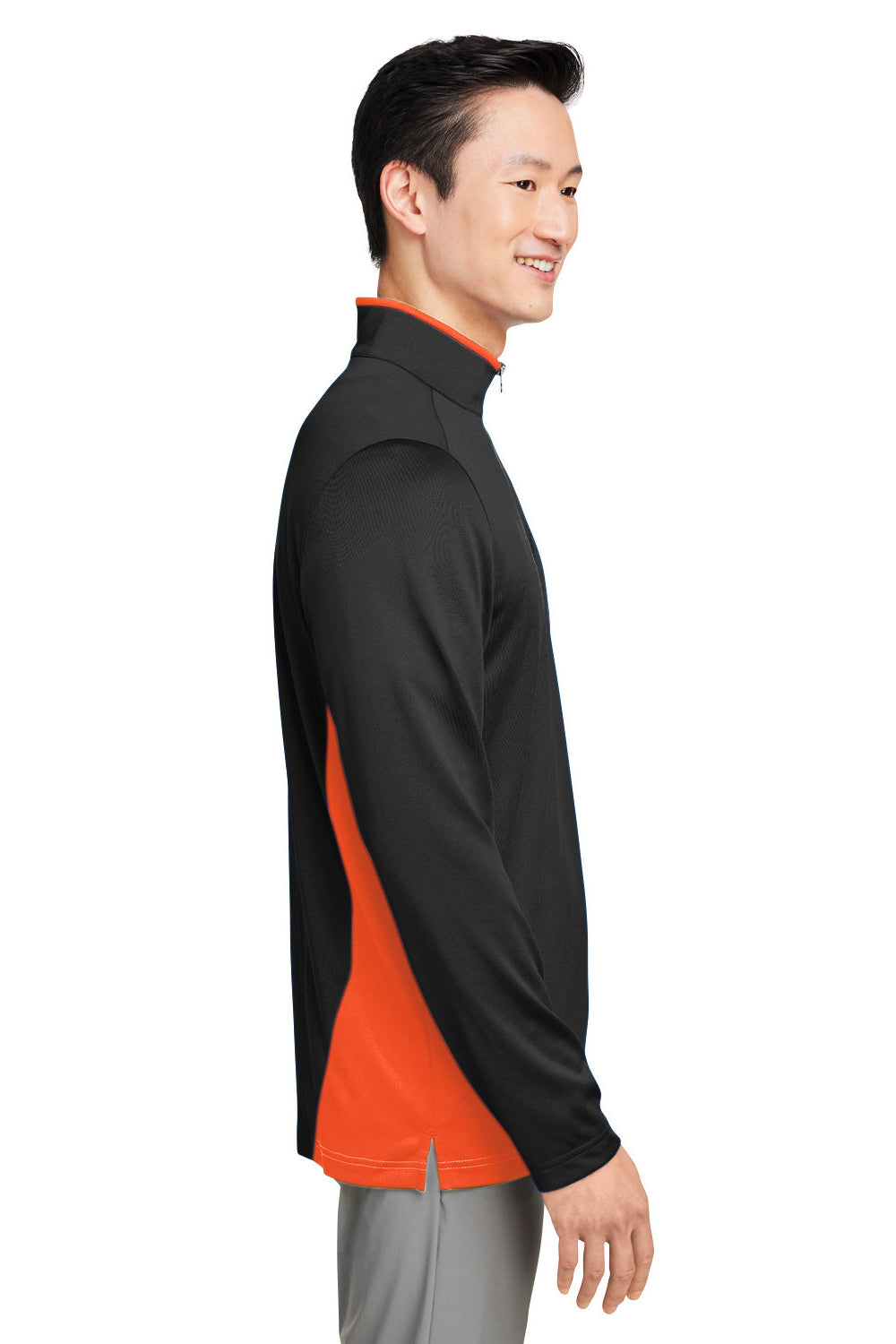 Harriton M786 Mens Flash Performance Moisture Wicking Colorblock 1/4 Zip Sweatshirt Black/Team Orange Model Side