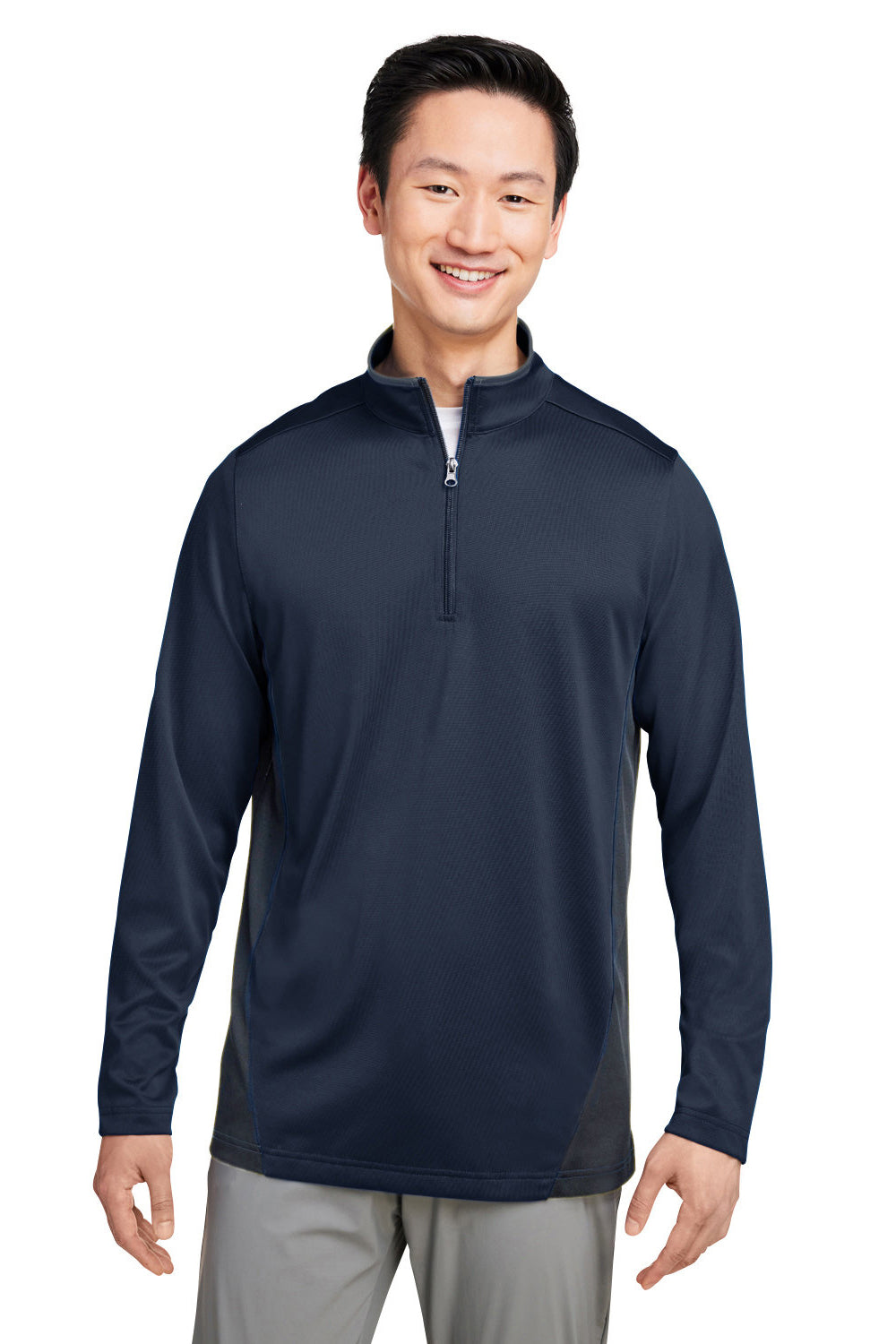 Harriton M786 Mens Flash Performance Moisture Wicking Colorblock 1/4 Zip Sweatshirt Dark Navy Blue/Dark Charcoal Grey Model Front