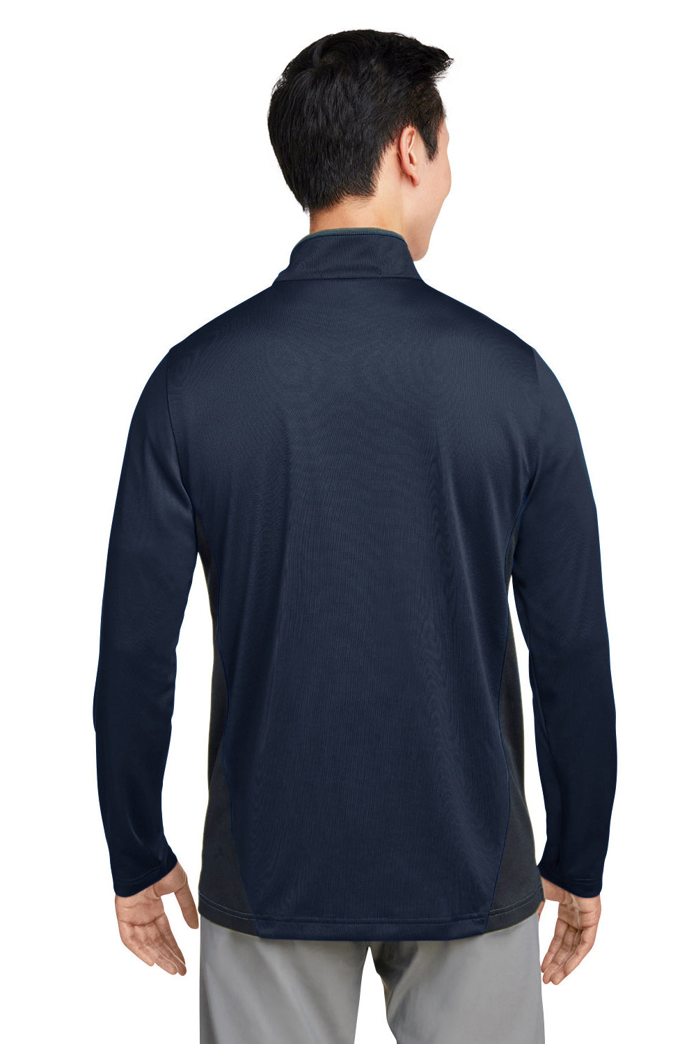 Harriton M786 Mens Flash Performance Moisture Wicking Colorblock 1/4 Zip Sweatshirt Dark Navy Blue/Dark Charcoal Grey Model Back