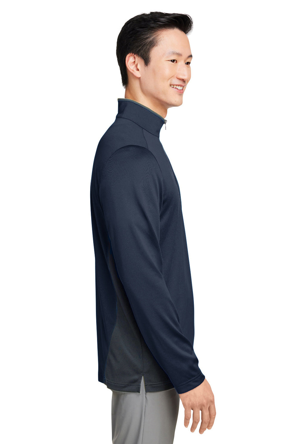 Harriton M786 Mens Flash Performance Moisture Wicking Colorblock 1/4 Zip Sweatshirt Dark Navy Blue/Dark Charcoal Grey Model Side