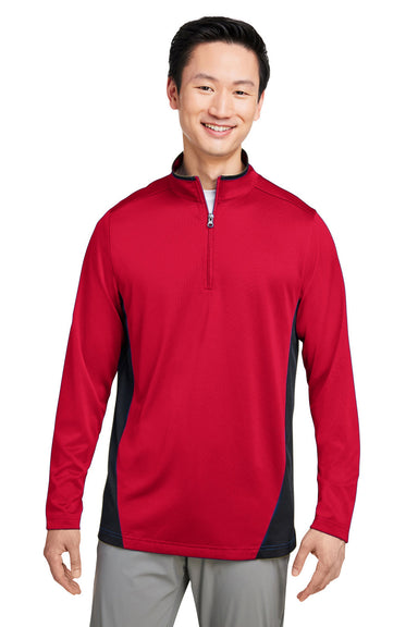 Harriton M786 Mens Flash Performance Moisture Wicking Colorblock 1/4 Zip Sweatshirt Red/Black Model Front