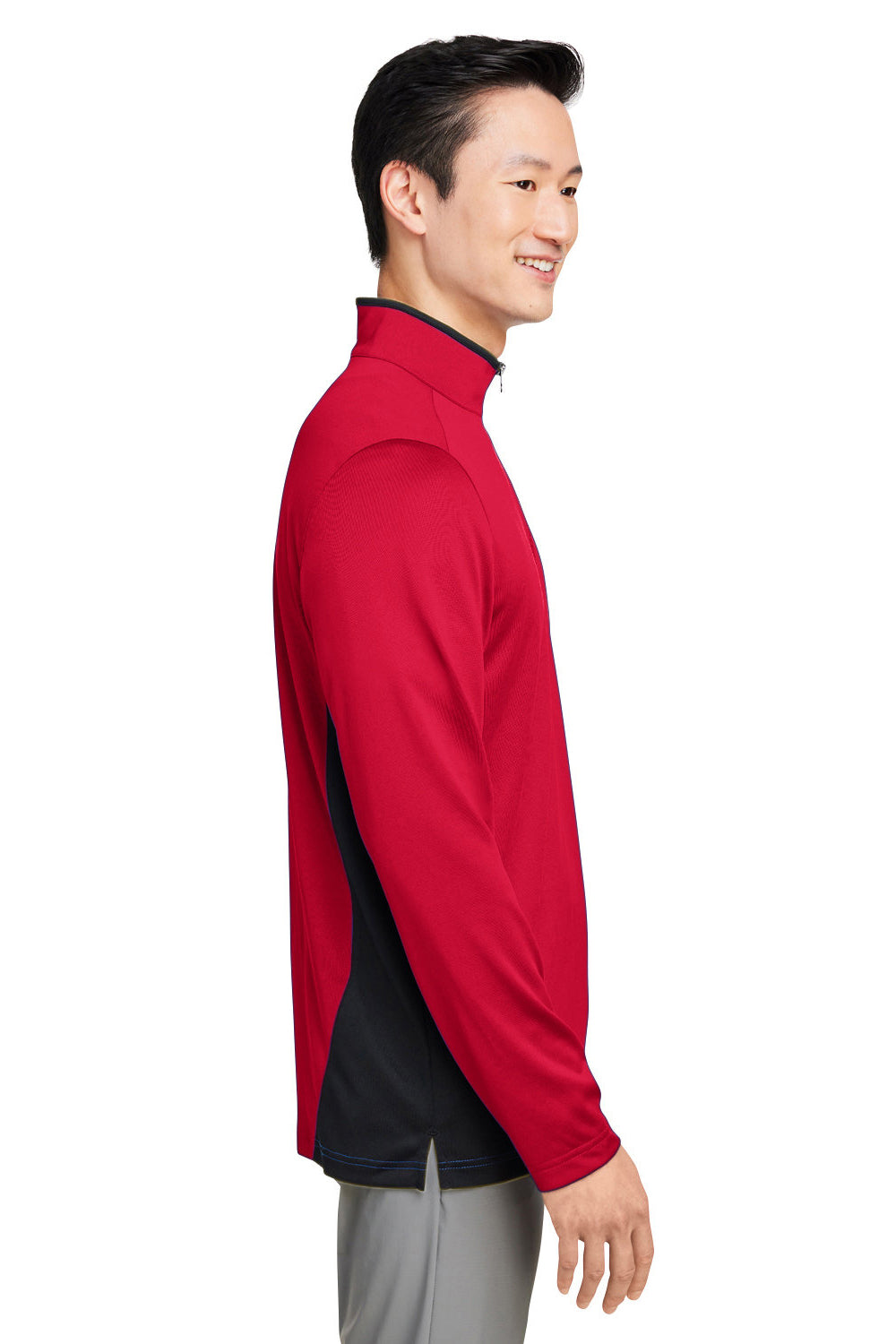 Harriton M786 Mens Flash Performance Moisture Wicking Colorblock 1/4 Zip Sweatshirt Red/Black Model Side