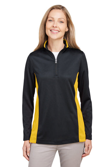 Harriton M786W Womens Flash Performance Moisture Wicking Colorblock 1/4 Zip Sweatshirt Black/Sunray Yellow Model Front