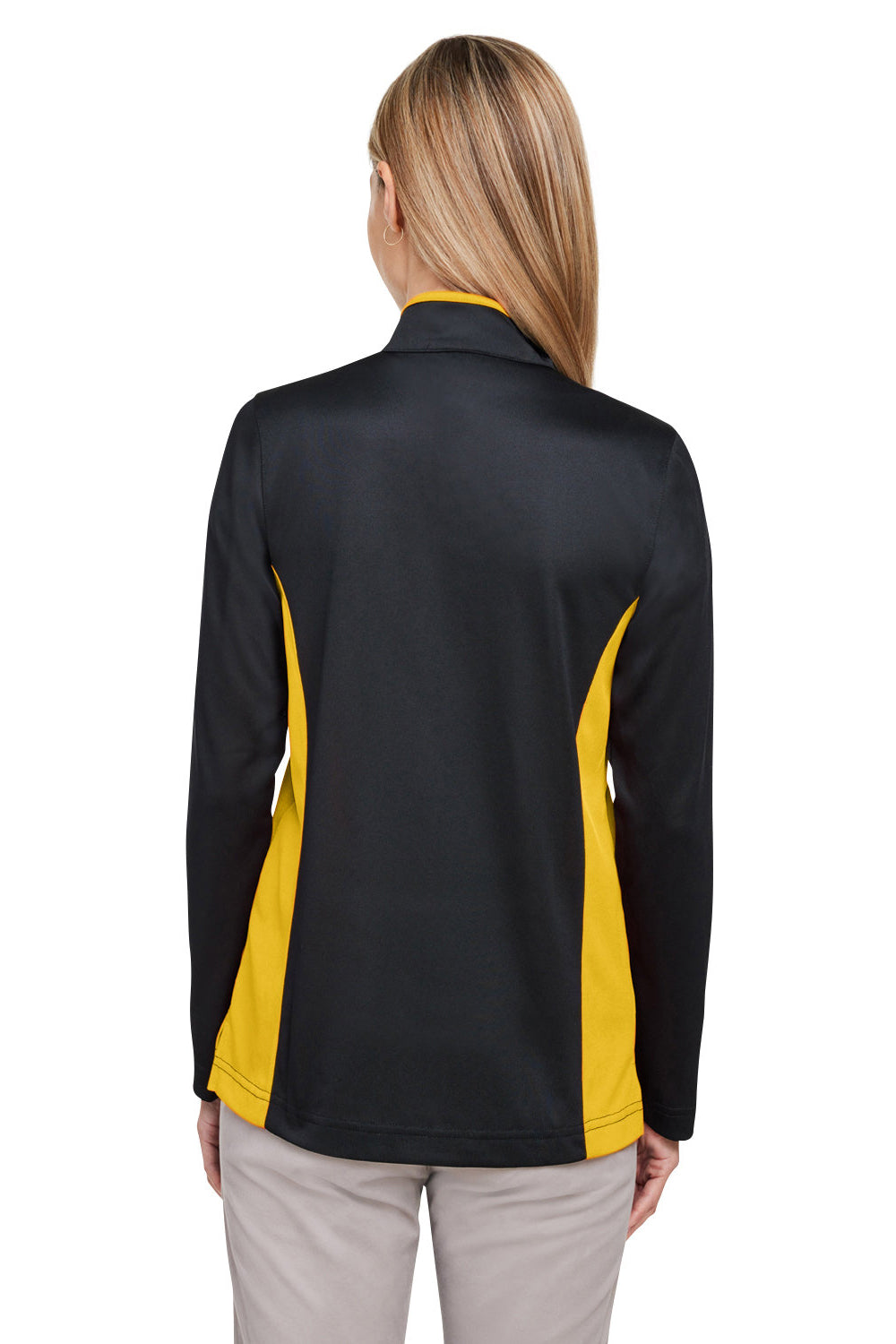 Harriton M786W Womens Flash Performance Moisture Wicking Colorblock 1/4 Zip Sweatshirt Black/Sunray Yellow Model Back