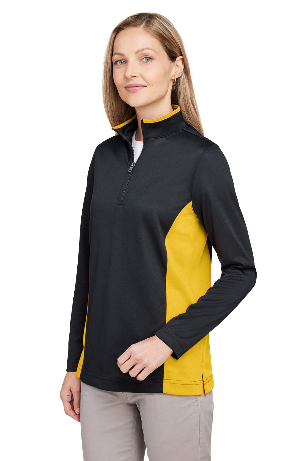 Harriton M786W Womens Flash Performance Moisture Wicking Colorblock 1/4 Zip Sweatshirt Black/Sunray Yellow Model 3q