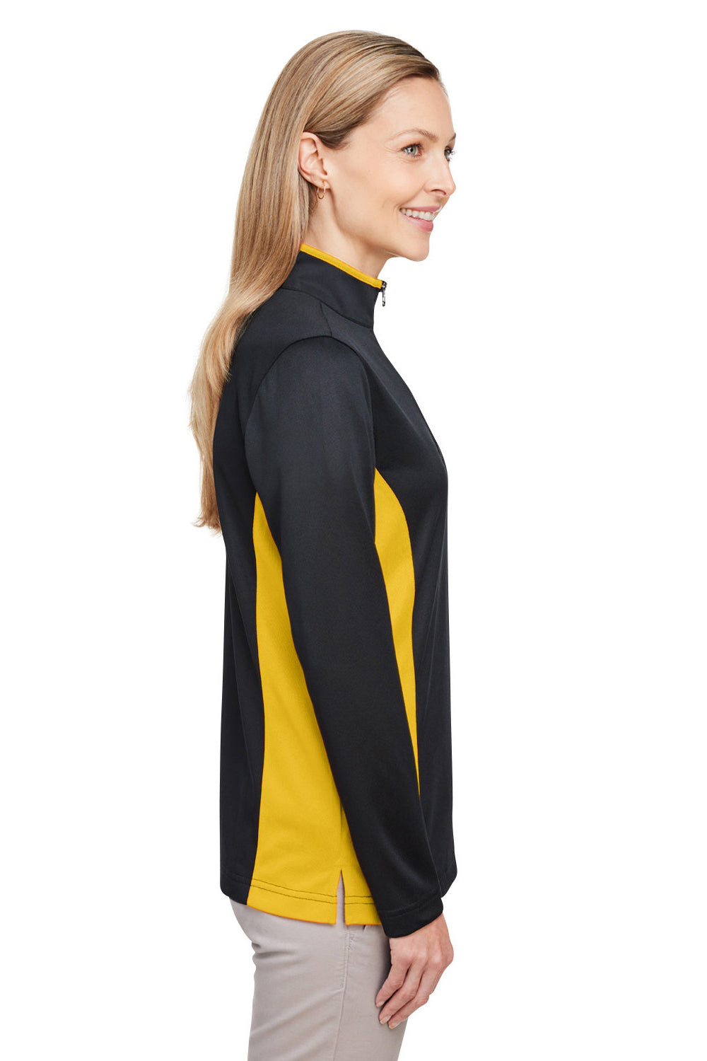 Harriton M786W Womens Flash Performance Moisture Wicking Colorblock 1/4 Zip Sweatshirt Black/Sunray Yellow Model Side