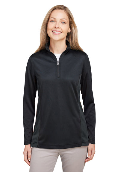 Harriton M786W Womens Flash Performance Moisture Wicking Colorblock 1/4 Zip Sweatshirt Black/Dark Charcoal Grey Model Front