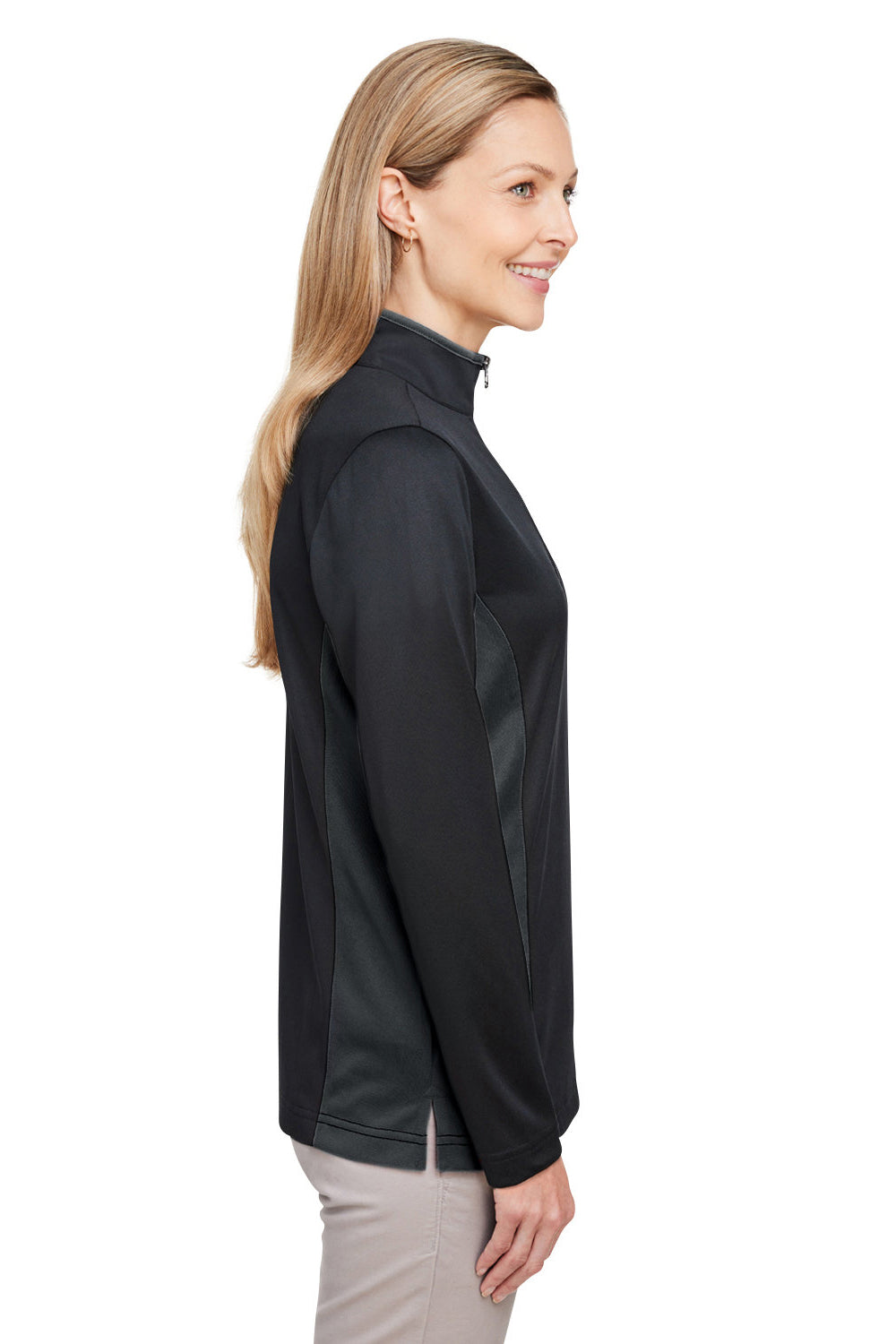 Harriton M786W Womens Flash Performance Moisture Wicking Colorblock 1/4 Zip Sweatshirt Black/Dark Charcoal Grey Model Side