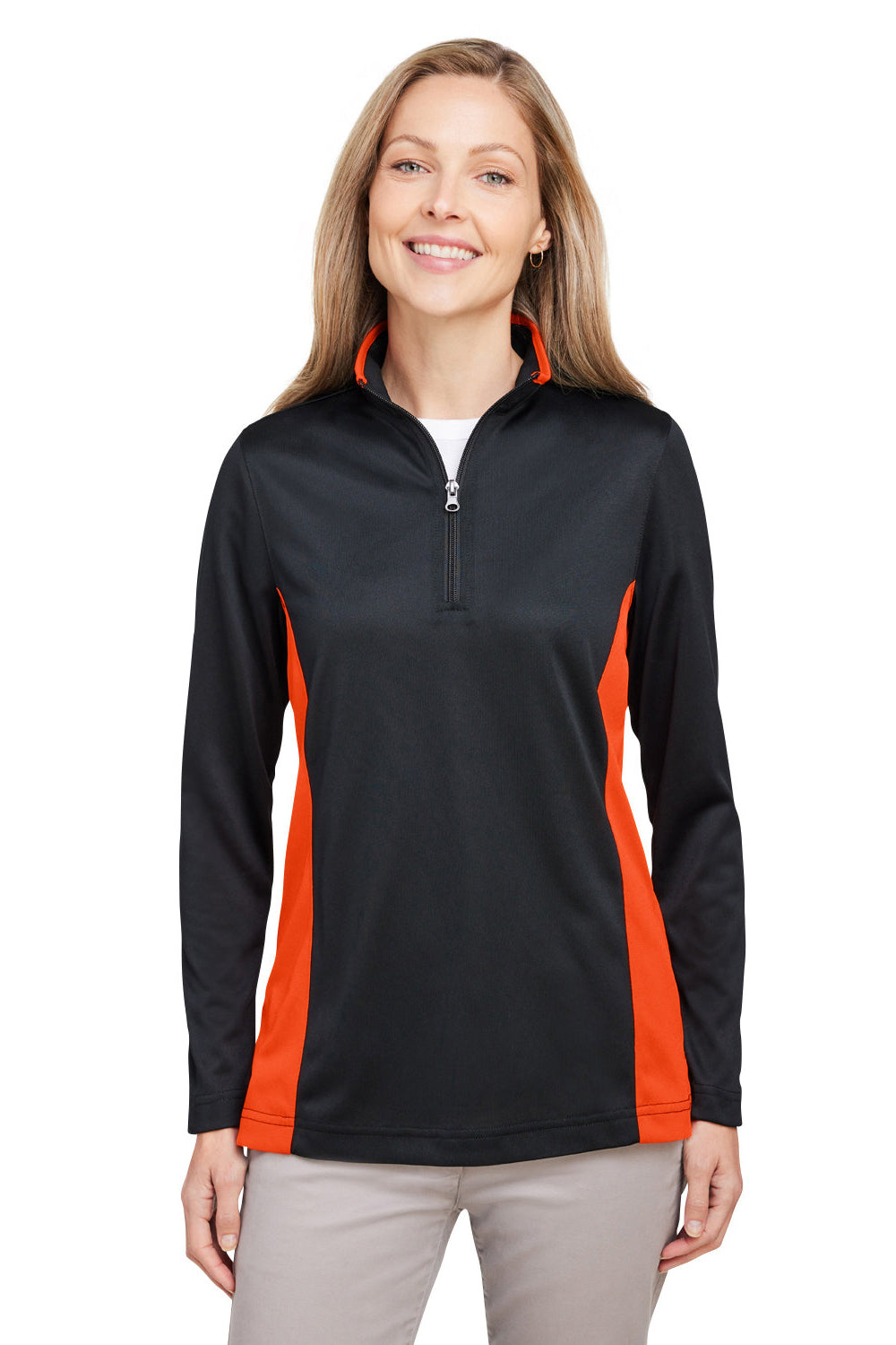 Harriton M786W Womens Flash Performance Moisture Wicking Colorblock 1/4 Zip Sweatshirt Black/Team Orange Model Front