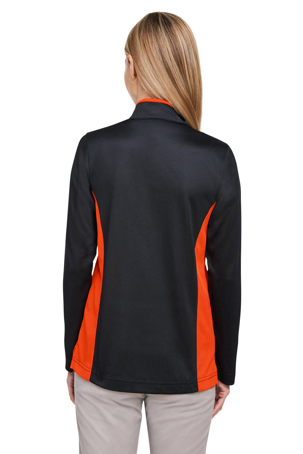 Harriton M786W Womens Flash Performance Moisture Wicking Colorblock 1/4 Zip Sweatshirt Black/Team Orange Model Back