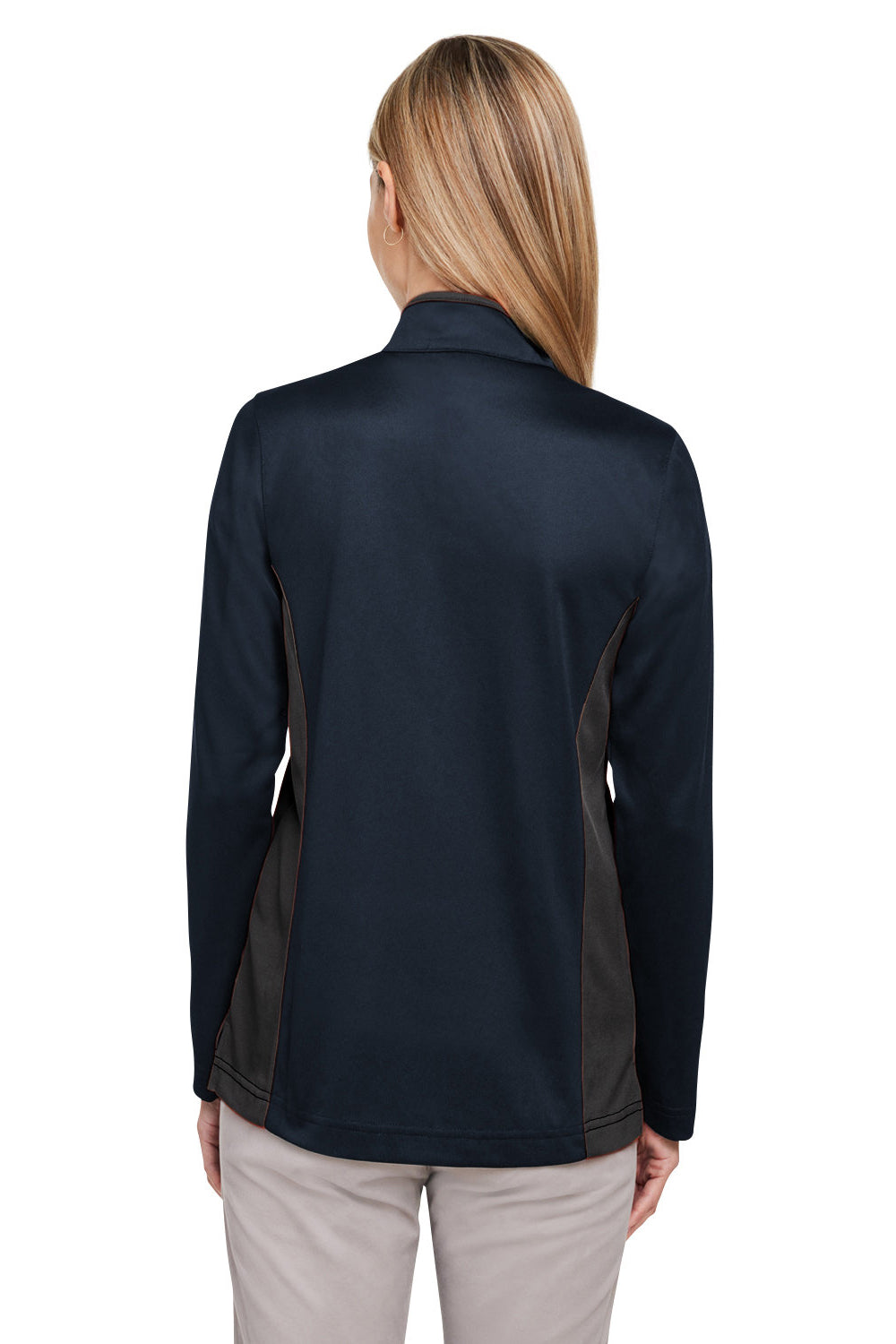 Harriton M786W Womens Flash Performance Moisture Wicking Colorblock 1/4 Zip Sweatshirt Dark Navy Blue/Dark Charcoal Grey Model Back