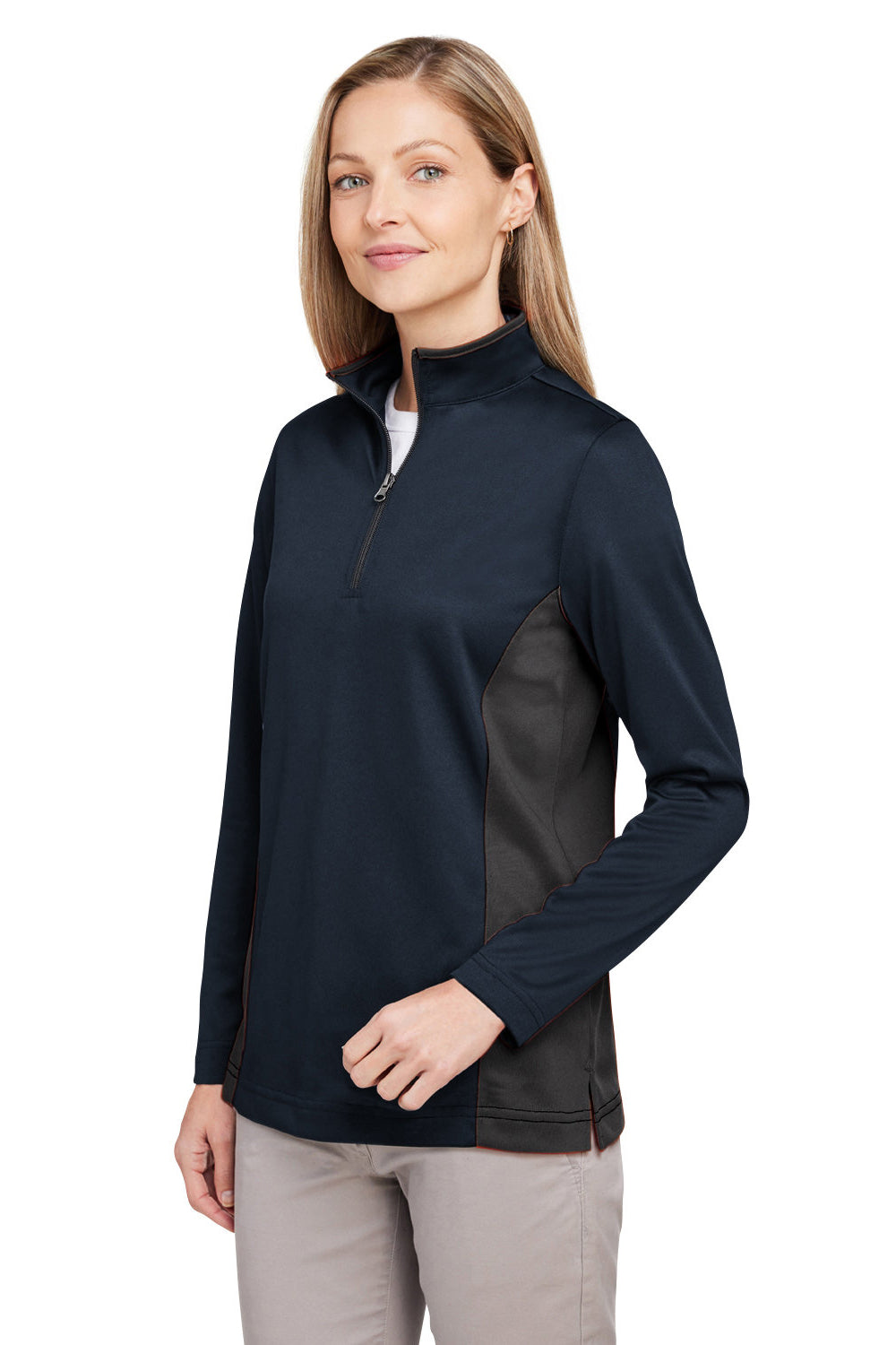 Harriton M786W Womens Flash Performance Moisture Wicking Colorblock 1/4 Zip Sweatshirt Dark Navy Blue/Dark Charcoal Grey Model 3q