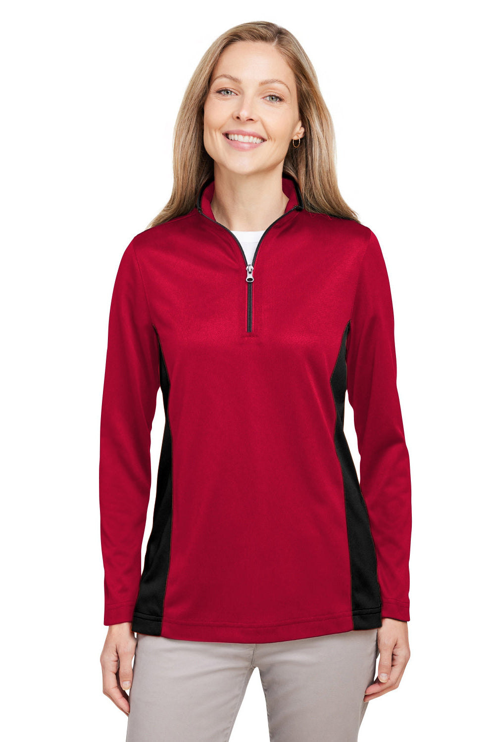 Harriton M786W Womens Flash Performance Moisture Wicking Colorblock 1/4 Zip Sweatshirt Red/Black Model Front