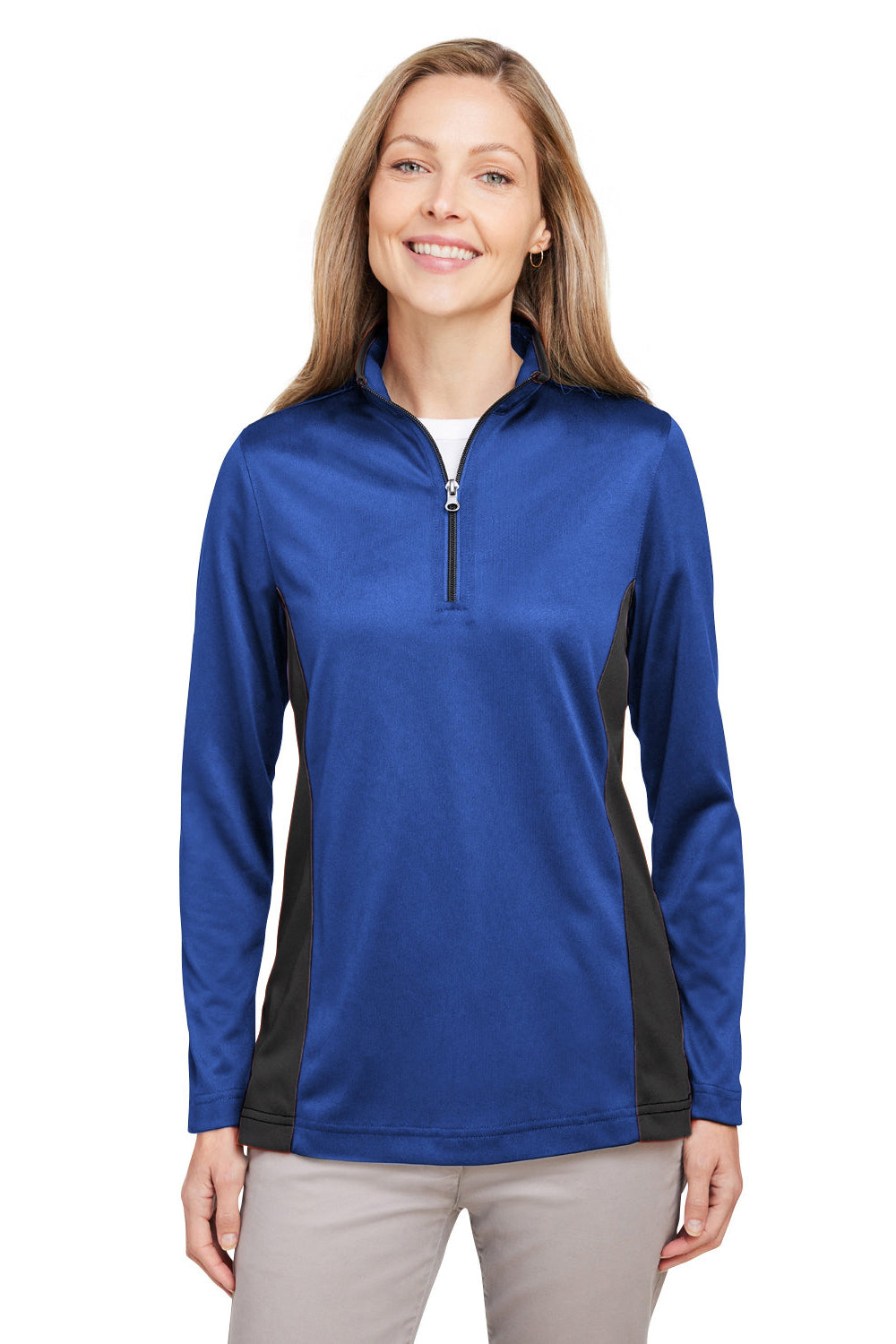 Harriton M786W Womens Flash Performance Moisture Wicking Colorblock 1/4 Zip Sweatshirt True Royal Blue/Black Model Front