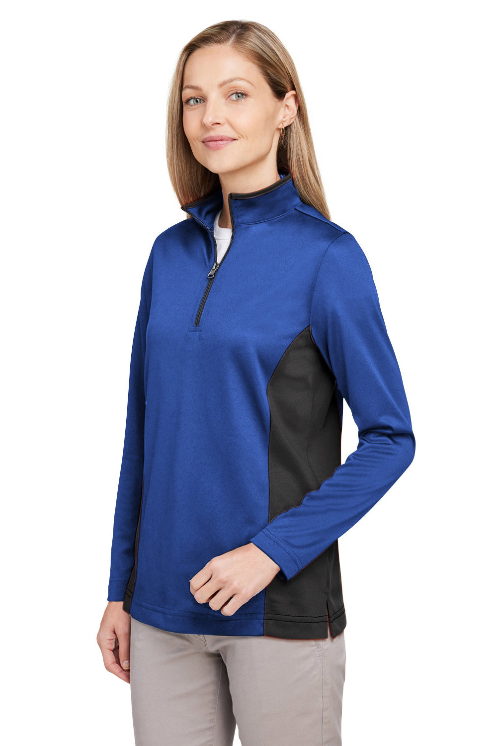 Harriton M786W Womens Flash Performance Moisture Wicking Colorblock 1/4 Zip Sweatshirt True Royal Blue/Black Model 3q