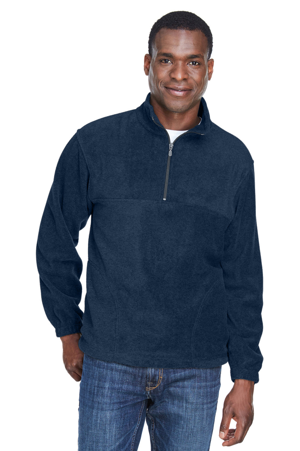 Harriton M980 Mens Pill Resistant Fleece 1/4 Zip Sweatshirt Navy Blue Model Front