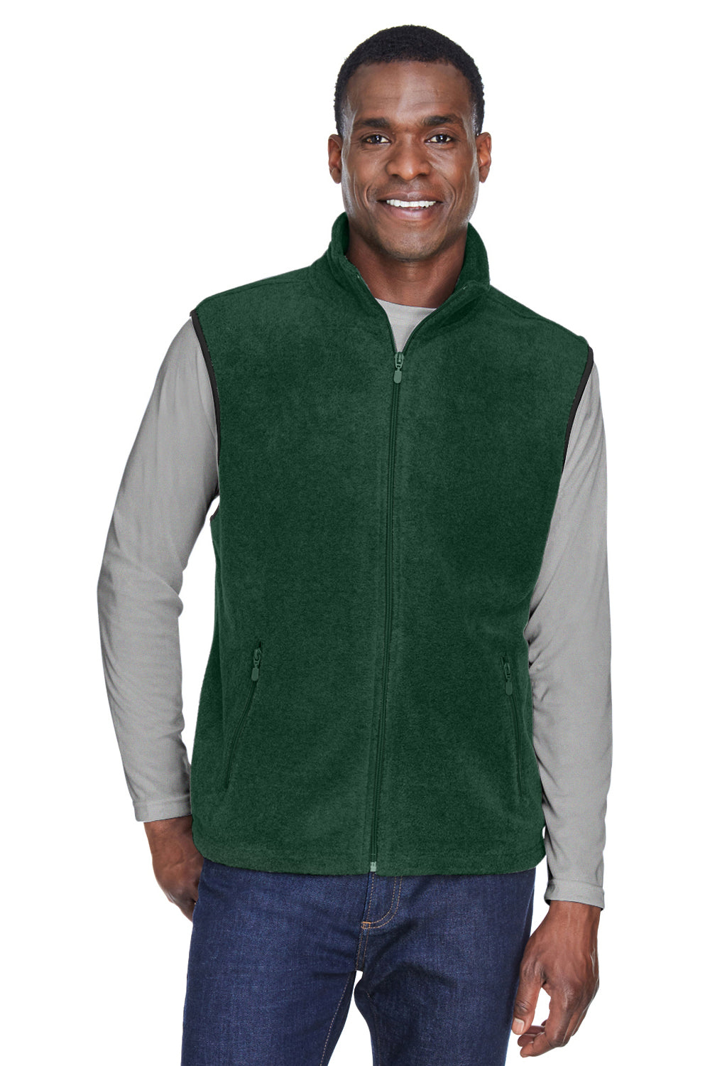 Harriton M985 Mens Pill Resistant Fleece Full Zip Vest Hunter Green Model Front