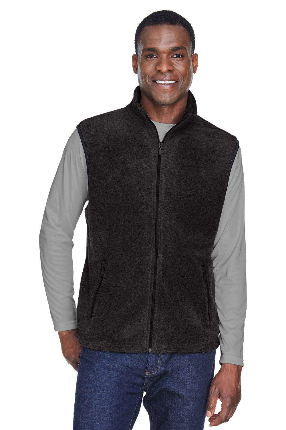 Harriton M985 Mens Pill Resistant Fleece Full Zip Vest Black Model Front