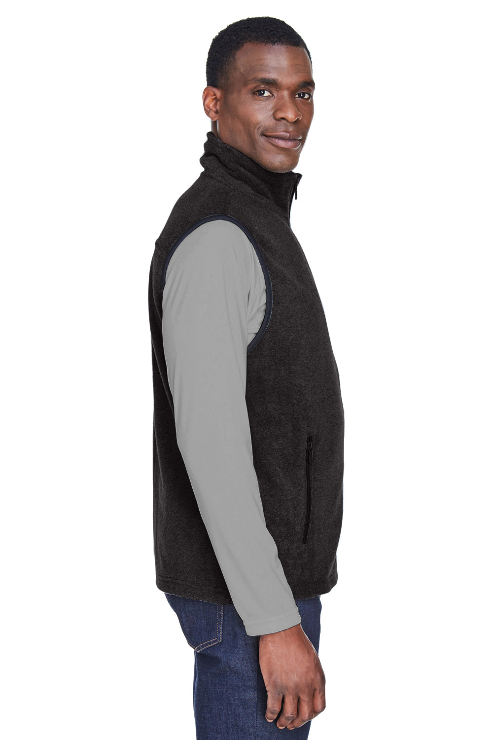 Harriton M985 Mens Pill Resistant Fleece Full Zip Vest Black Model Side