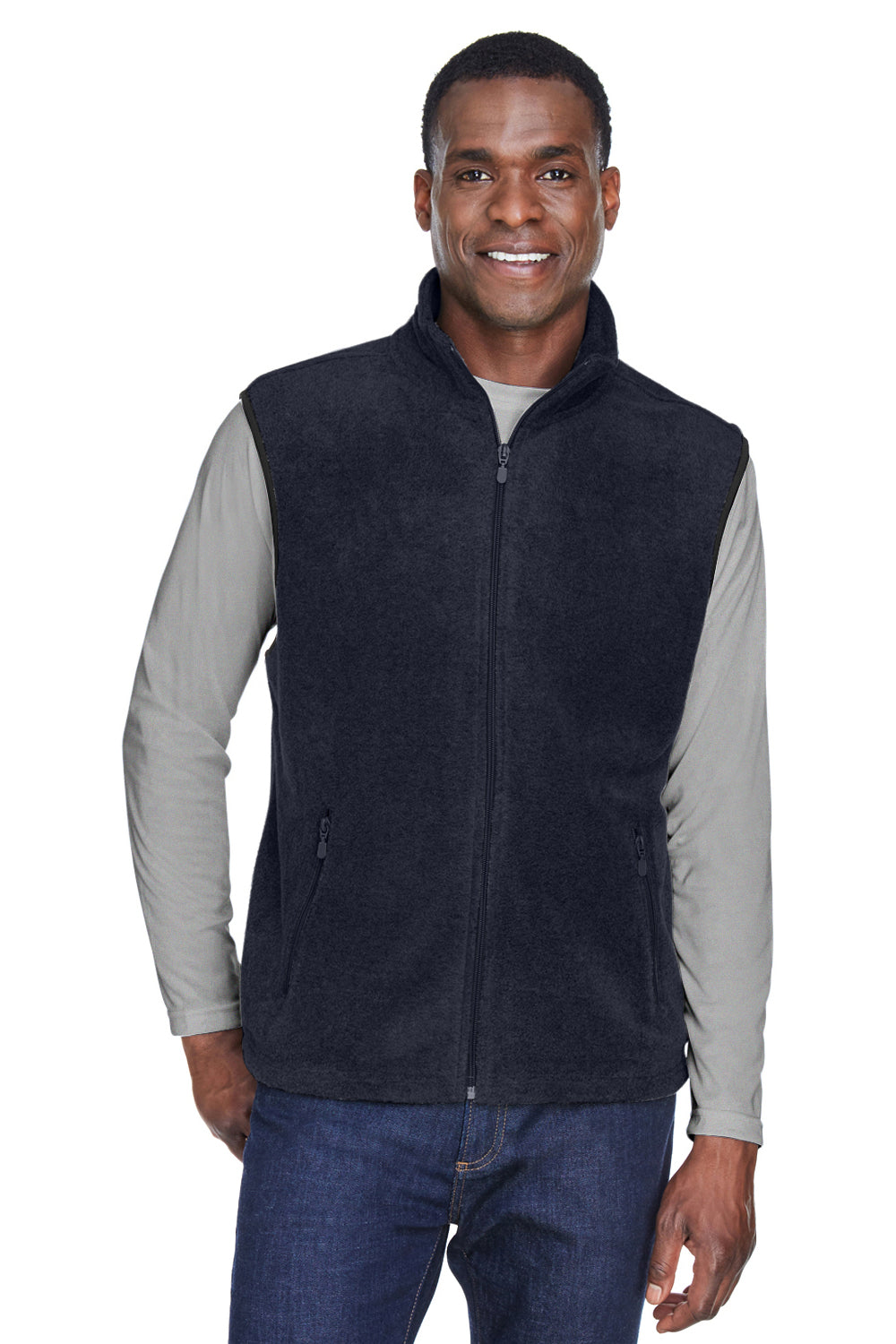 Harriton M985 Mens Pill Resistant Fleece Full Zip Vest Navy Blue Model Front