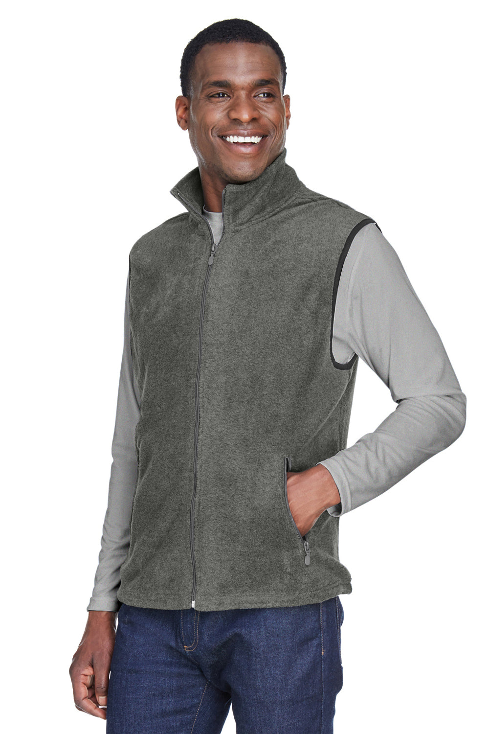 Harriton M985 Mens Pill Resistant Fleece Full Zip Vest Charcoal Grey Model 3q