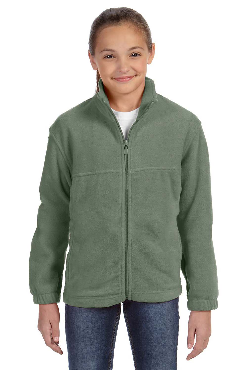 Harriton M990Y Youth Pill Resistant Fleece Full Zip Jacket Dill Green Model Front