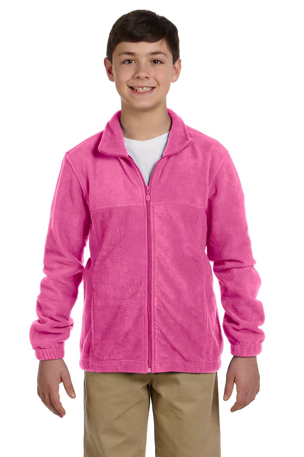 Harriton M990Y Youth Pill Resistant Fleece Full Zip Jacket Charity Pink Model Front