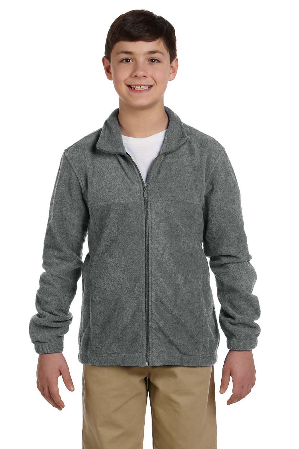 Harriton M990Y Youth Pill Resistant Fleece Full Zip Jacket Charcoal Grey Model Front