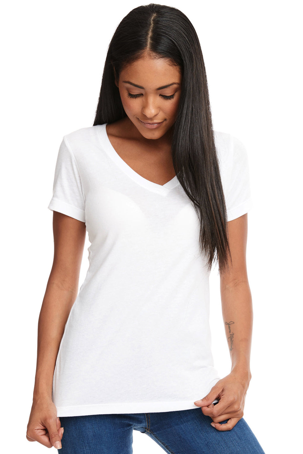 Next Level N1540/1540 Womens Ideal Jersey Short Sleeve V-Neck T-Shirt White Model Front