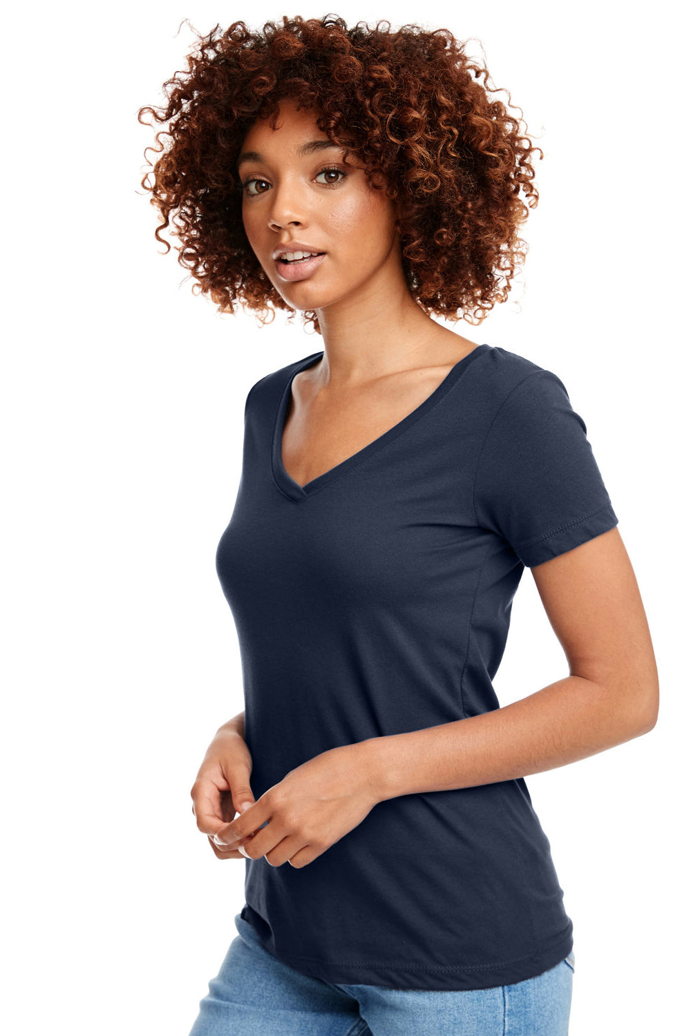 Next Level N1540/1540 Womens Ideal Jersey Short Sleeve V-Neck T-Shirt Indigo Blue Model Side