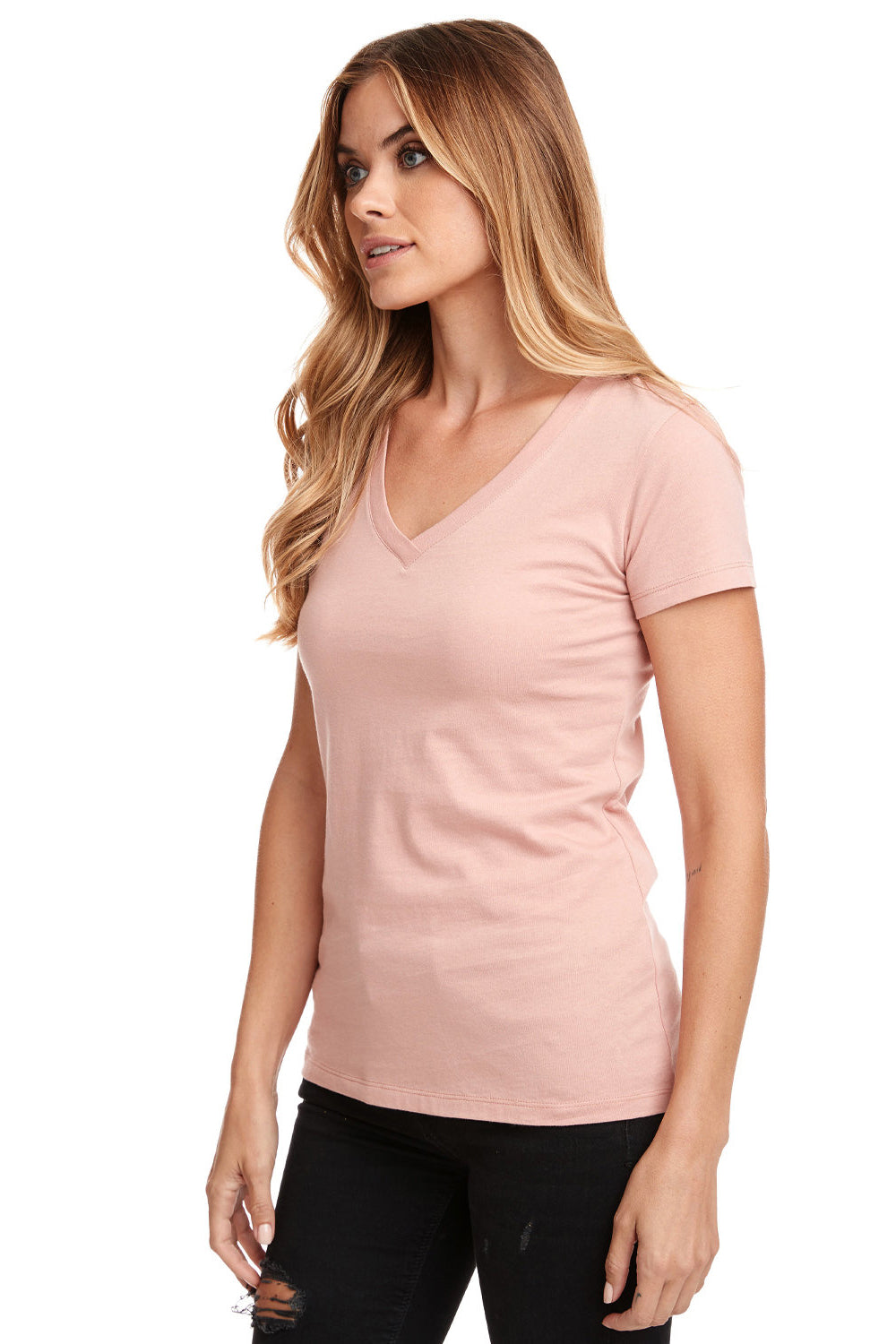 Next Level N1540/1540 Womens Ideal Jersey Short Sleeve V-Neck T-Shirt Desert Pink Model 3Q