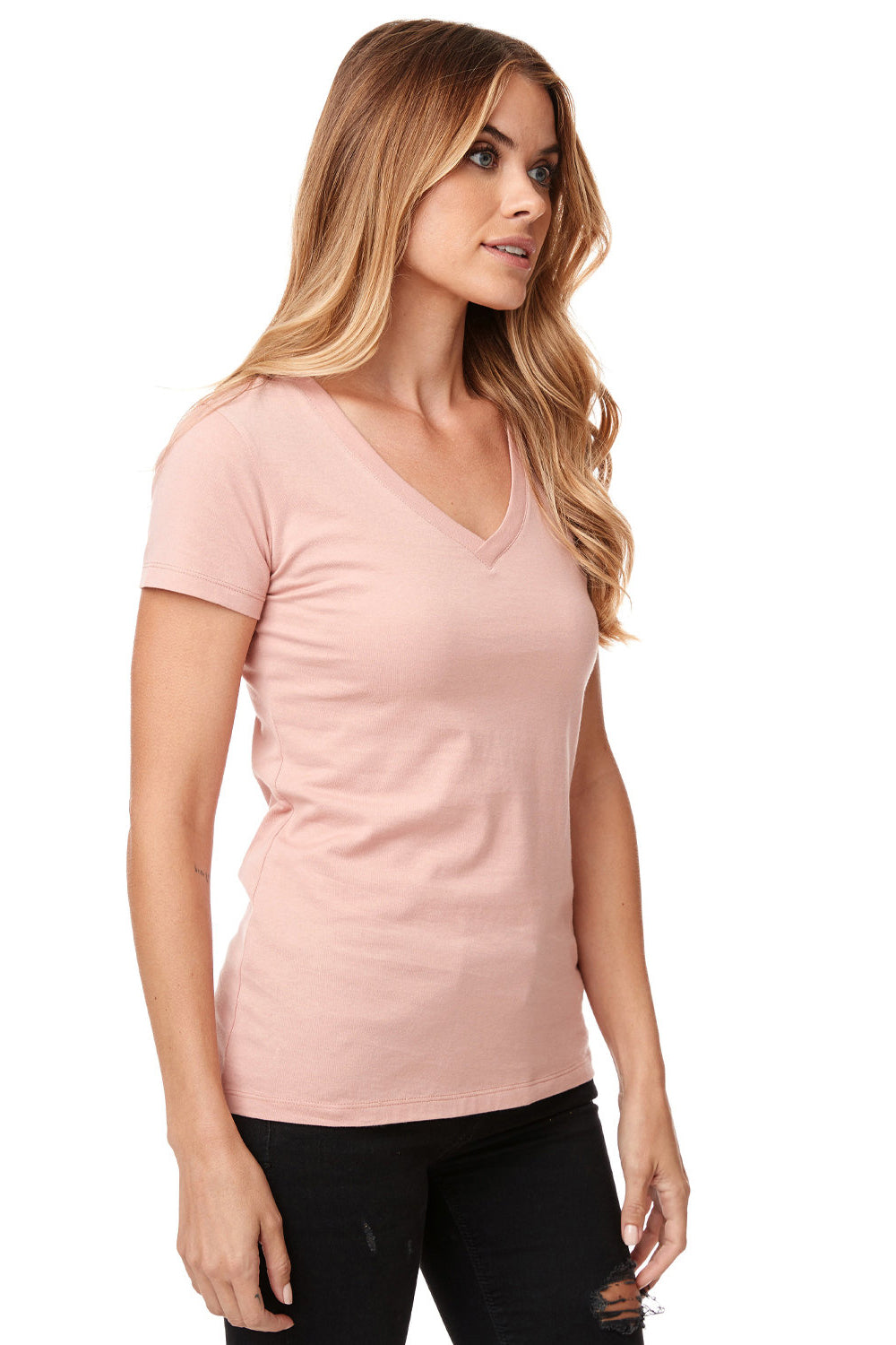 Next Level N1540/1540 Womens Ideal Jersey Short Sleeve V-Neck T-Shirt Desert Pink Model Side