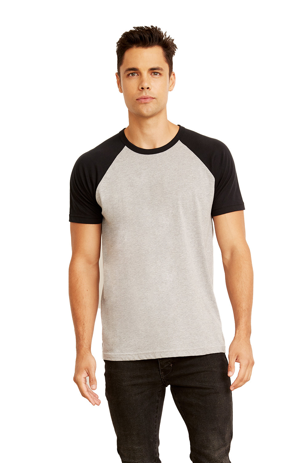 Next Level N3650/3650 Mens Fine Jersey Short Sleeve Crewneck T-Shirt Heather Grey/Black Model Front