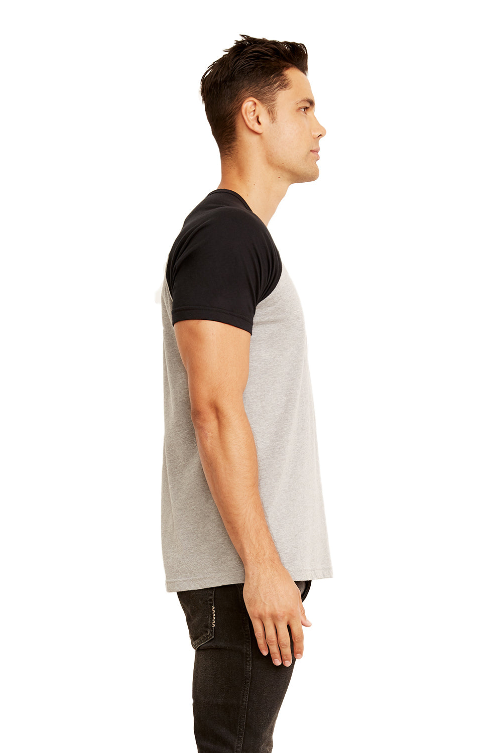 Next Level N3650/3650 Mens Fine Jersey Short Sleeve Crewneck T-Shirt Heather Grey/Black Model Side