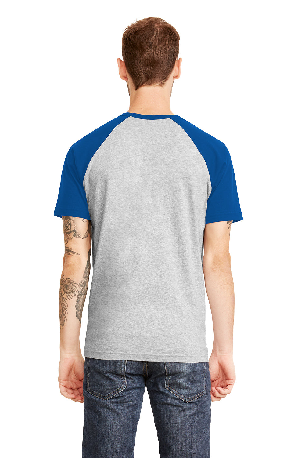 Next Level N3650/3650 Mens Fine Jersey Short Sleeve Crewneck T-Shirt Heather Grey/Royal Blue Model Back