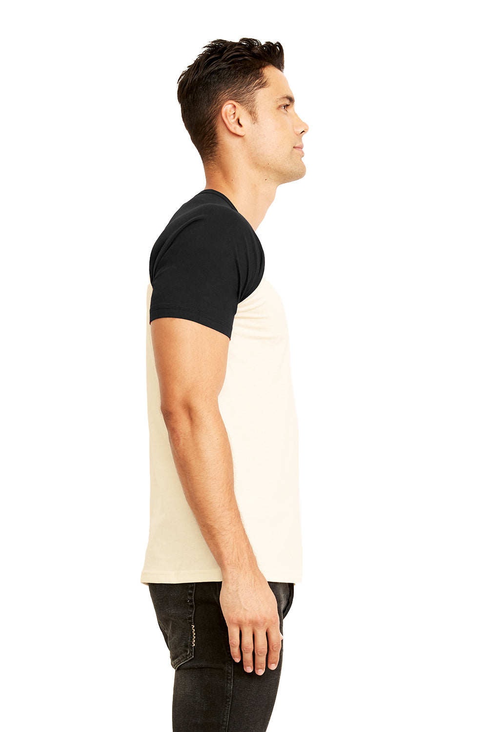 Next Level N3650/3650 Mens Fine Jersey Short Sleeve Crewneck T-Shirt Natural/Black Model Side