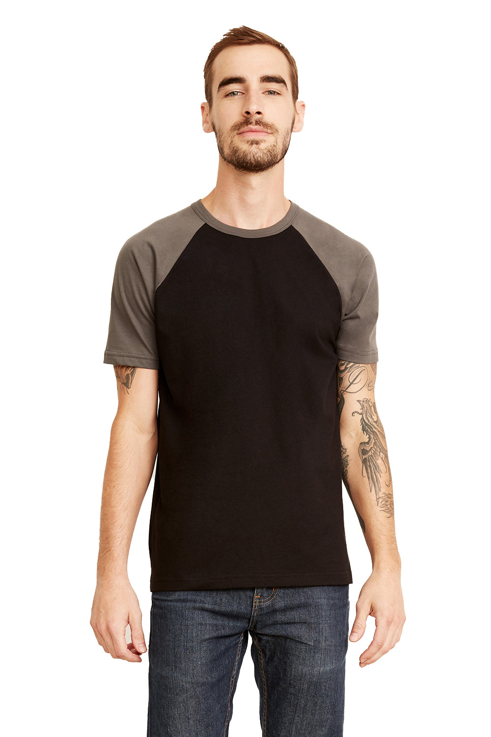 Next Level N3650/3650 Mens Fine Jersey Short Sleeve Crewneck T-Shirt Black/Warm Grey Model Front