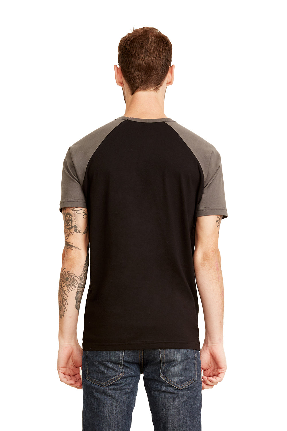 Next Level N3650/3650 Mens Fine Jersey Short Sleeve Crewneck T-Shirt Black/Warm Grey Model Back