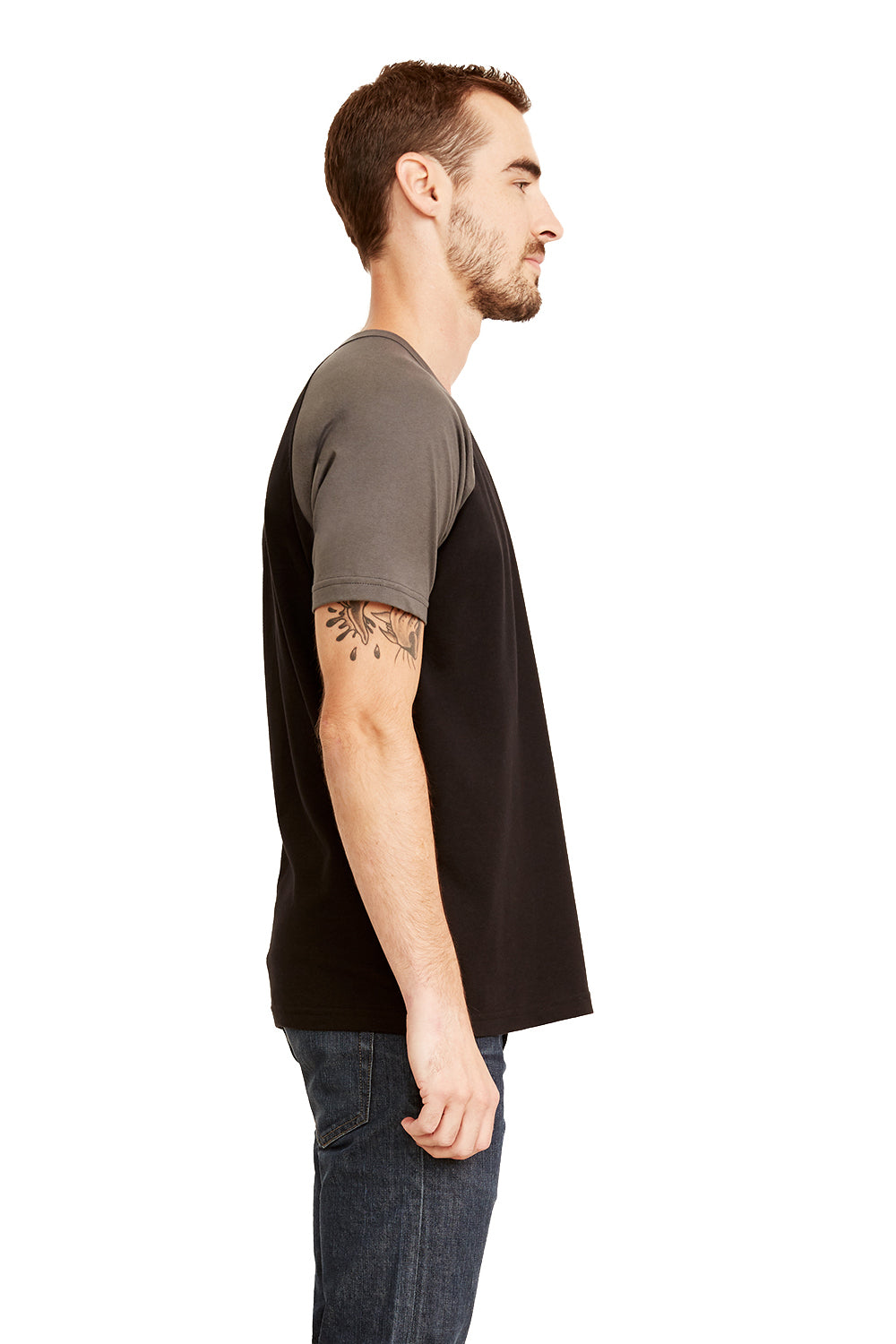 Next Level N3650/3650 Mens Fine Jersey Short Sleeve Crewneck T-Shirt Black/Warm Grey Model Side