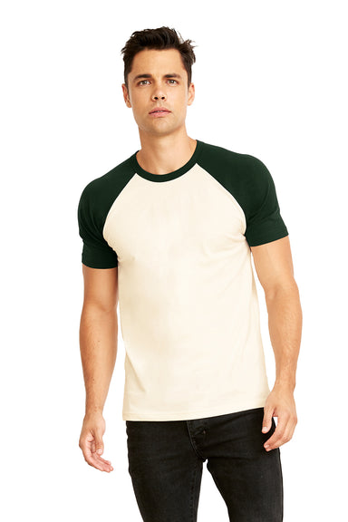 Next Level N3650/3650 Mens Fine Jersey Short Sleeve Crewneck T-Shirt Natural/Forest Green Model Front