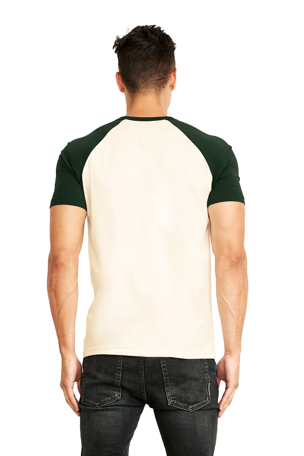 Next Level N3650/3650 Mens Fine Jersey Short Sleeve Crewneck T-Shirt Natural/Forest Green Model Back