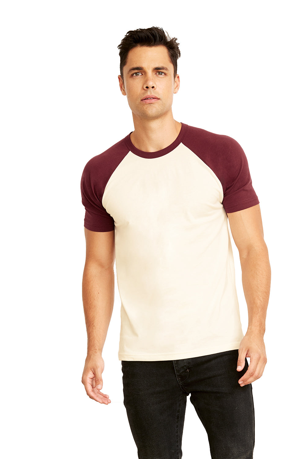 Next Level N3650/3650 Mens Fine Jersey Short Sleeve Crewneck T-Shirt Natural/Maroon Model Front