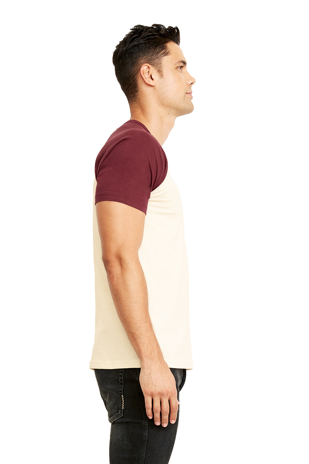 Next Level N3650/3650 Mens Fine Jersey Short Sleeve Crewneck T-Shirt Natural/Maroon Model Side