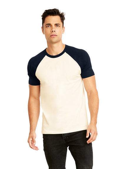 Next Level N3650/3650 Mens Fine Jersey Short Sleeve Crewneck T-Shirt Natural/Midnight Navy Blue Model Front