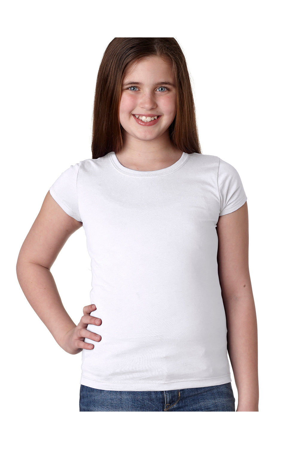 Next Level N3710/3710 Youth Princess Fine Jersey Short Sleeve Crewneck T-Shirt White Model Front