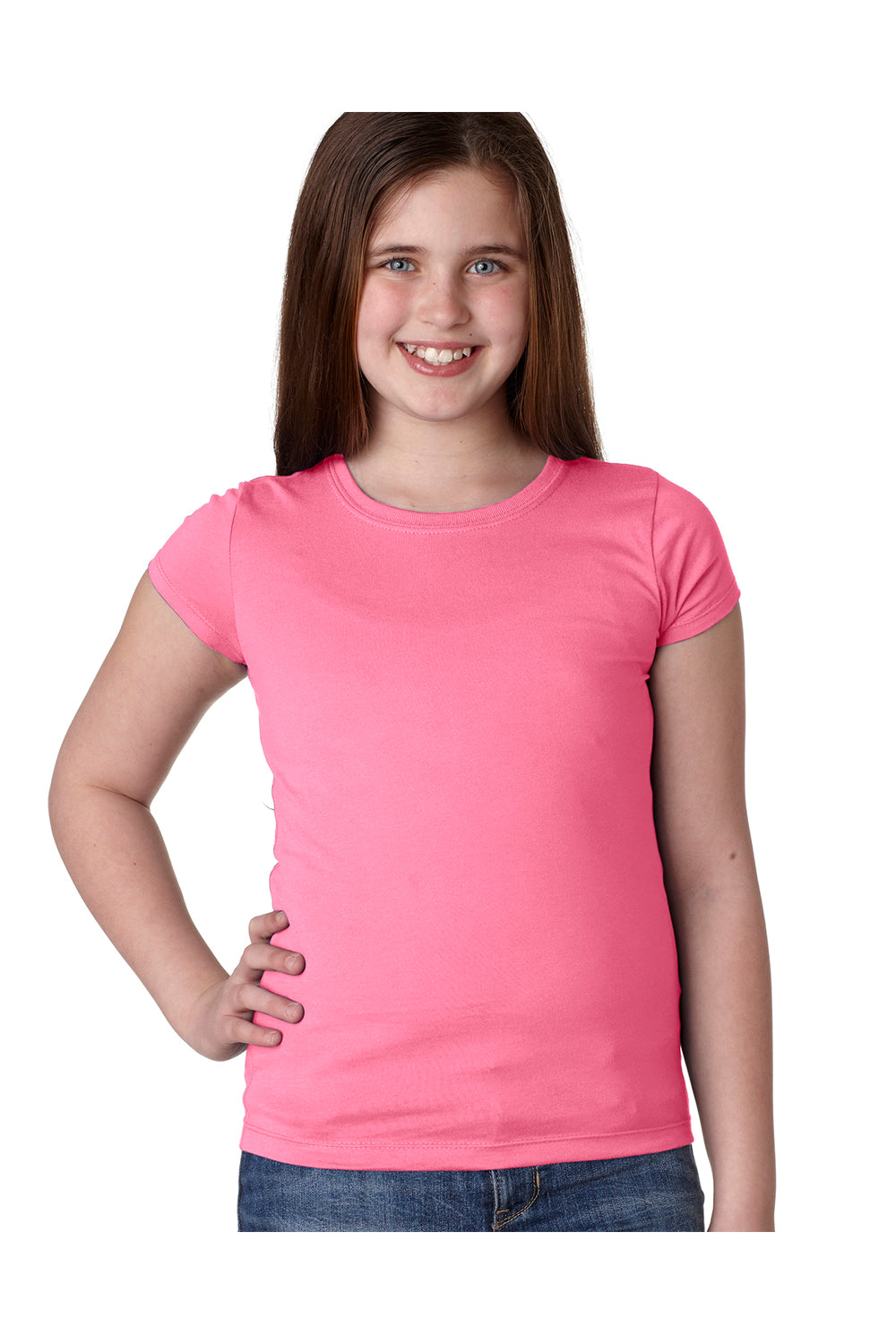 Next Level N3710/3710 Youth Princess Fine Jersey Short Sleeve Crewneck T-Shirt Hot Pink Model Front